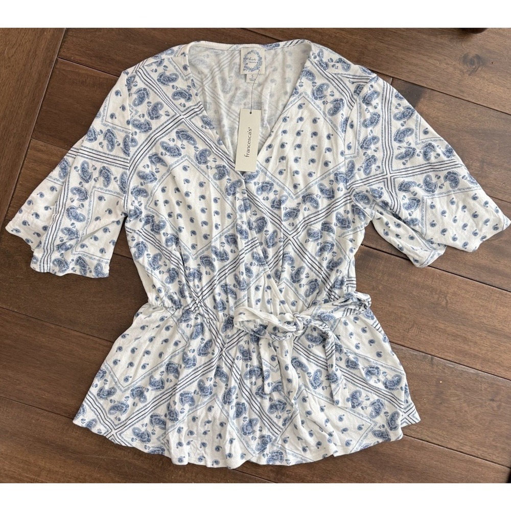 Francesca's Blue Rain Blue White Paisley Faux Wrap Top Boho Blouse Size S NWT
